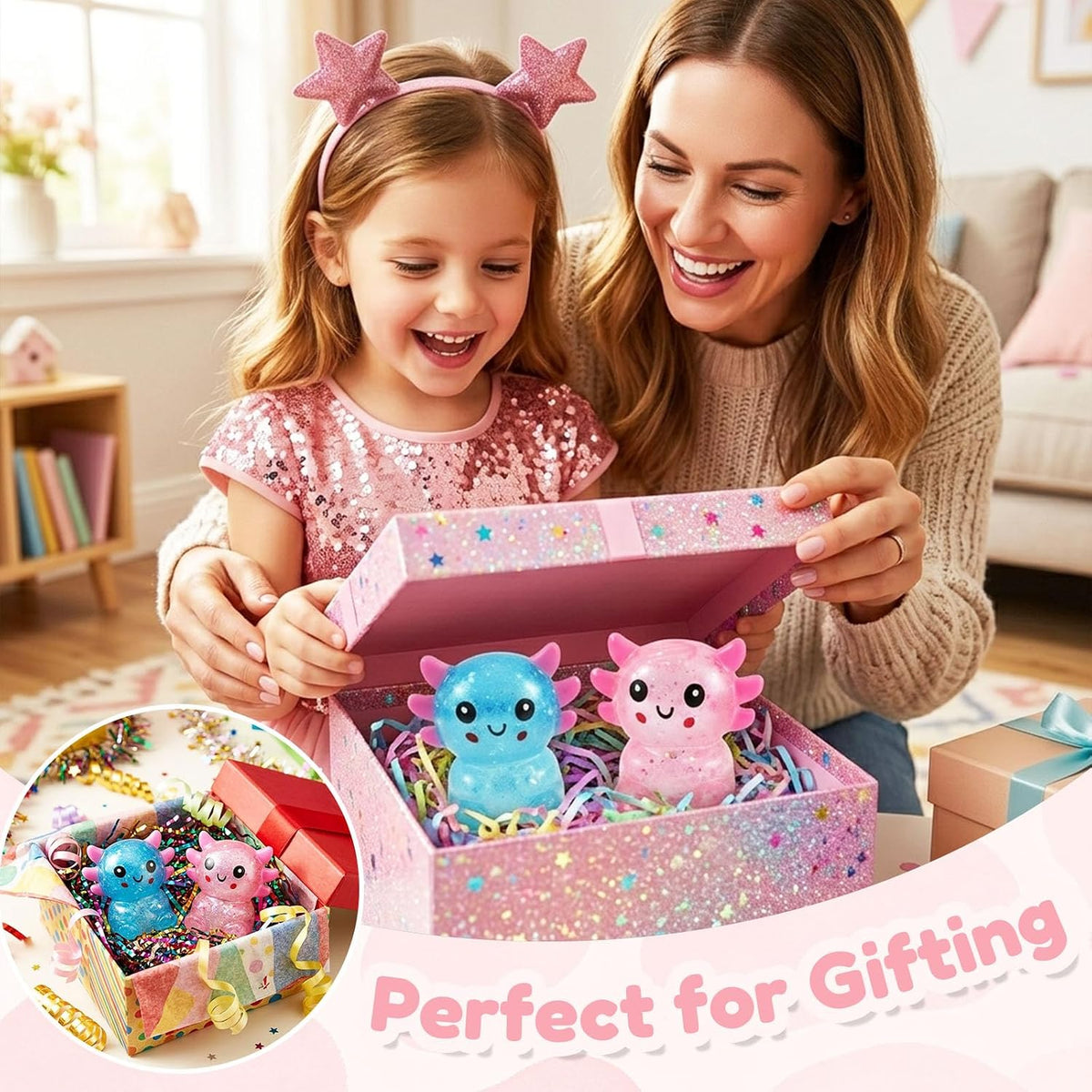 Glitter Axolotls Squishies Toy, Stretchy Axolotls Stress Ball, Soft Squeeze Sensory Fidget Toys for Kids Adults, Cute Easter Basket Stuffers Party Favors Classroom Prizes (2 Colors A)