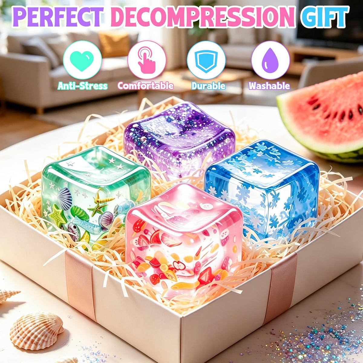 4Pcs Cube Stress Balls, Cube Fidget Toys Adults for Kids, Glitter Filled Sensory Toys, Ocean Fruit Snow Flake Squeeze Toys, Slow Rise Squishies Stress Balls for Party, Festival, Birthday Toy Gift