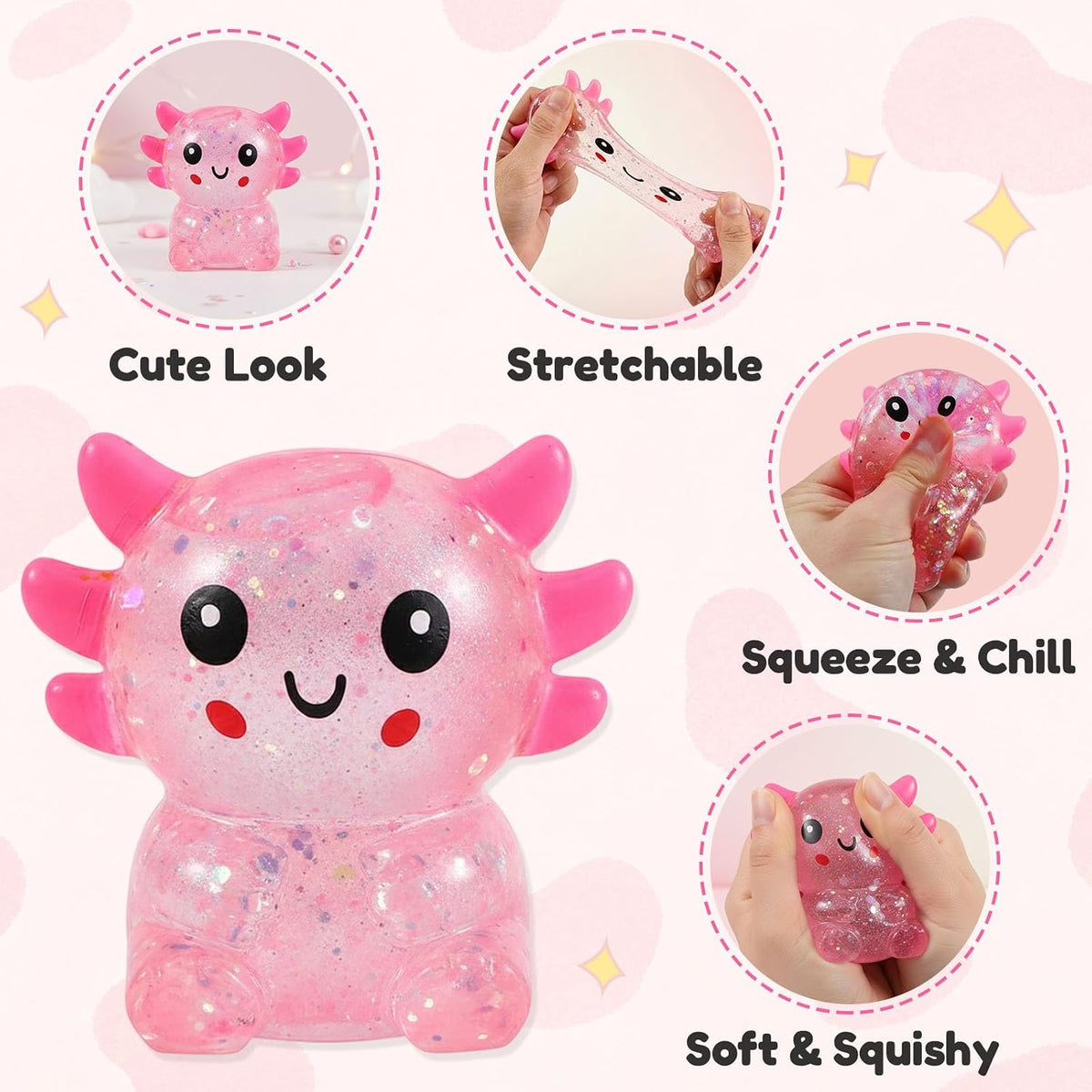 Glitter Axolotls Squishies Toy, Stretchy Axolotls Stress Ball, Soft Squeeze Sensory Fidget Toys for Kids Adults, Cute Easter Basket Stuffers Party Favors Classroom Prizes (2 Colors A)