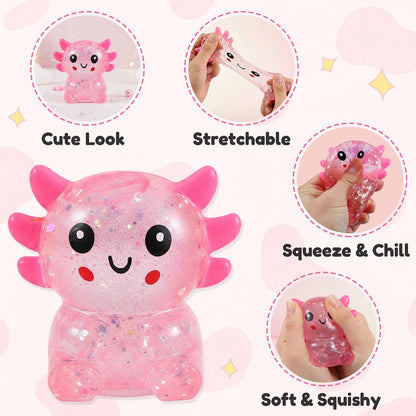 Glitter Axolotls Squishies Toy, Stretchy Axolotls Stress Ball, Soft Squeeze Sensory Fidget Toys for Kids Adults, Cute Easter Basket Stuffers Party Favors Classroom Prizes (2 Colors A)