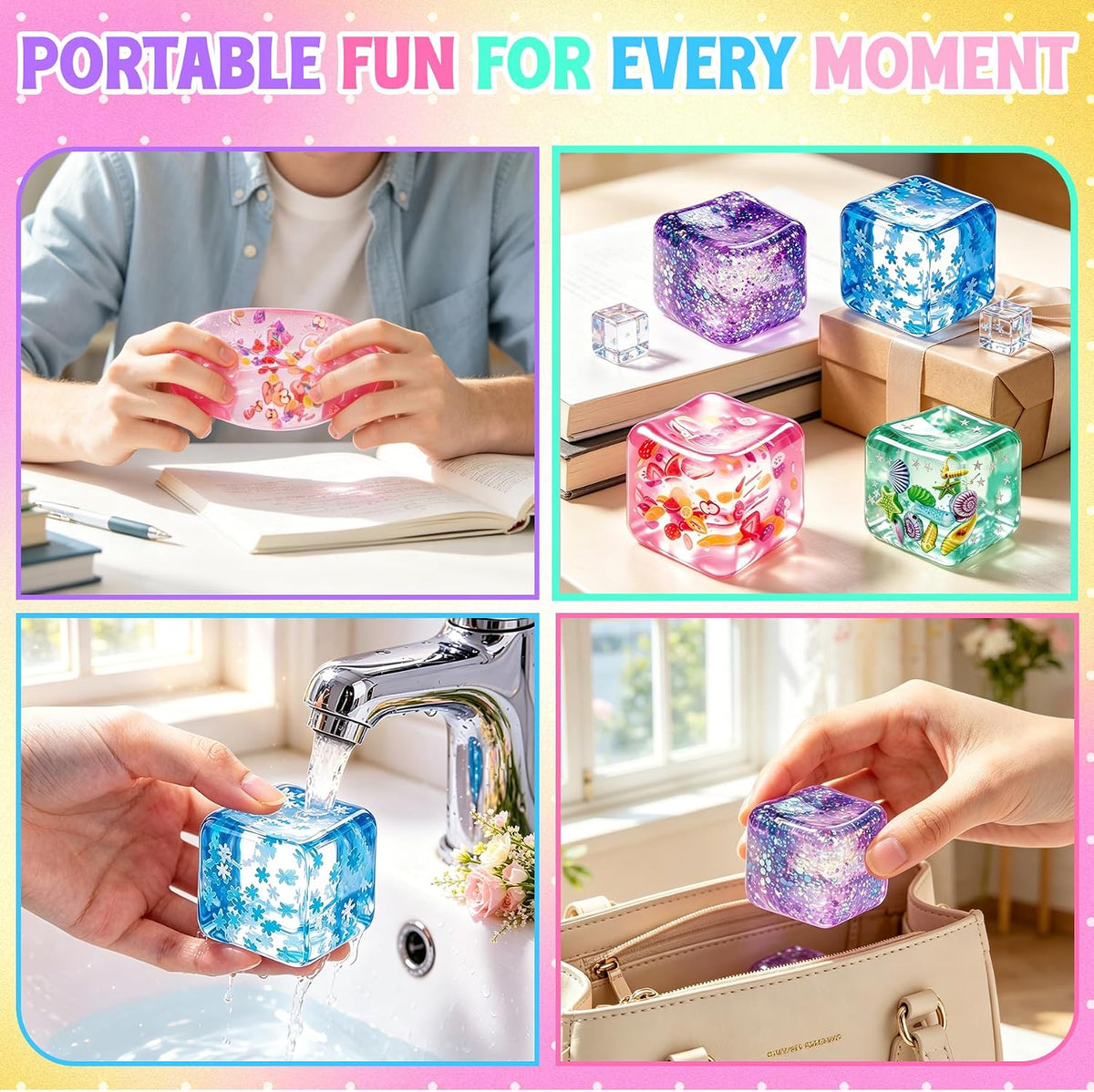 4Pcs Cube Stress Balls, Cube Fidget Toys Adults for Kids, Glitter Filled Sensory Toys, Ocean Fruit Snow Flake Squeeze Toys, Slow Rise Squishies Stress Balls for Party, Festival, Birthday Toy Gift