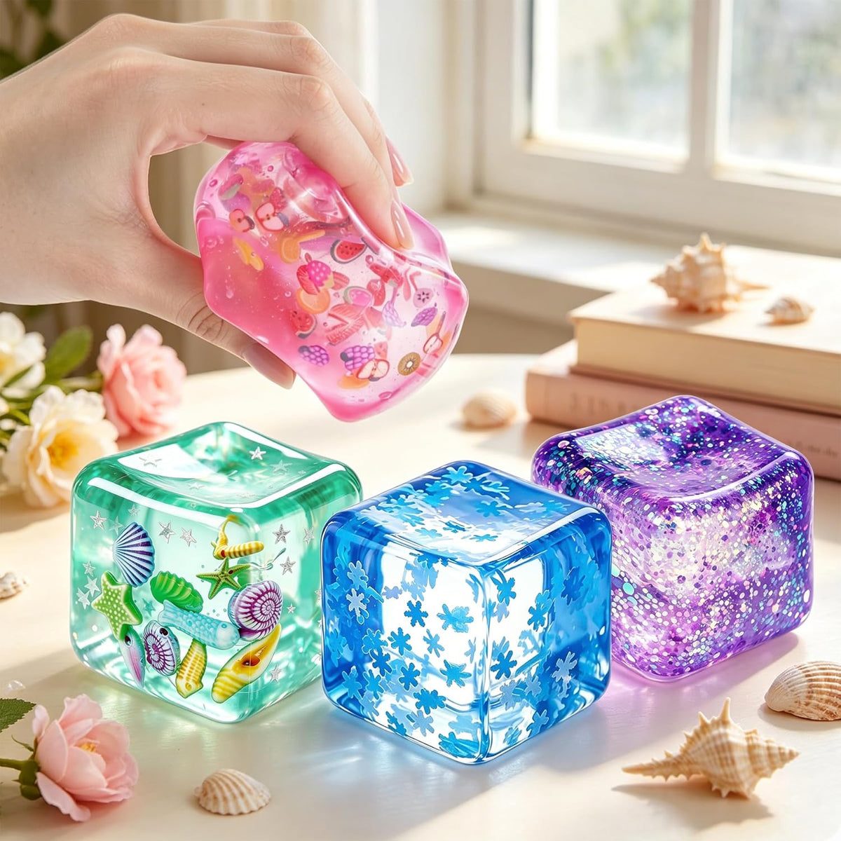 4Pcs Cube Stress Balls, Cube Fidget Toys Adults for Kids, Glitter Filled Sensory Toys, Ocean Fruit Snow Flake Squeeze Toys, Slow Rise Squishies Stress Balls for Party, Festival, Birthday Toy Gift