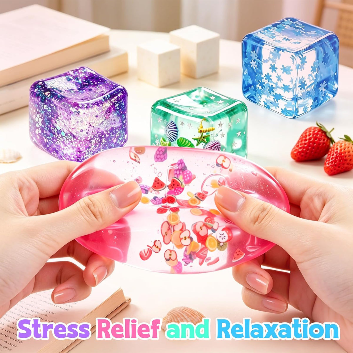 4Pcs Cube Stress Balls, Cube Fidget Toys Adults for Kids, Glitter Filled Sensory Toys, Ocean Fruit Snow Flake Squeeze Toys, Slow Rise Squishies Stress Balls for Party, Festival, Birthday Toy Gift