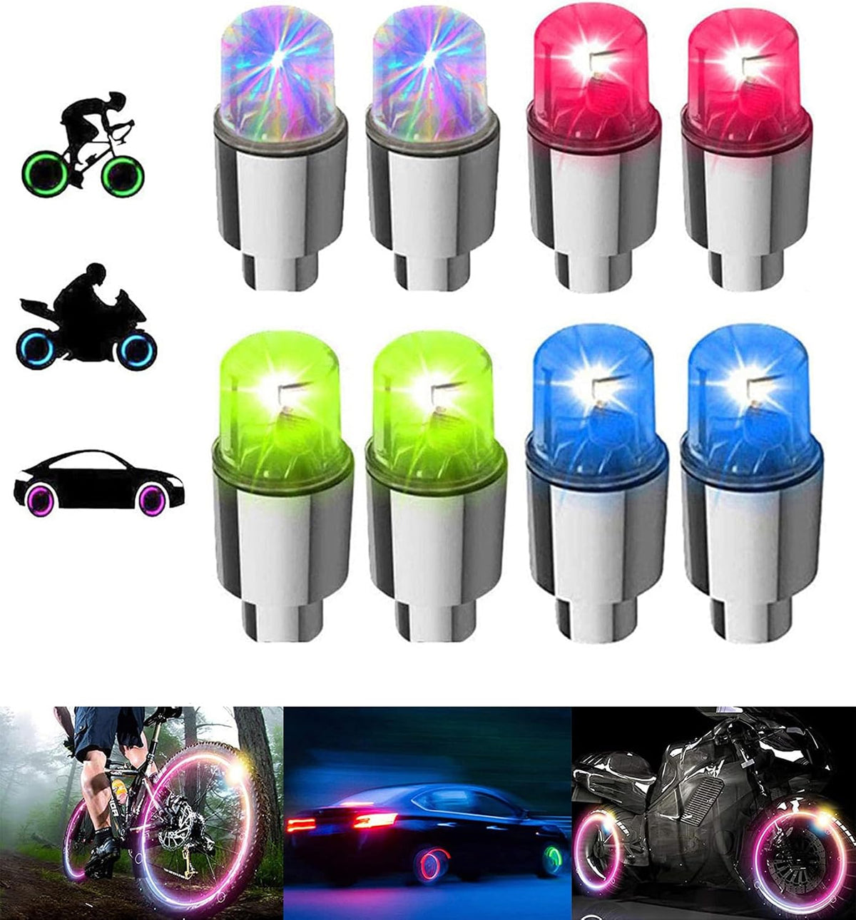 4/8 LED Bike Wheel Lights Car Tire Valve Stems Caps Bicycle Motorcycle Waterproof Tyre Spoke Flash Lights Cool Reflector Accessories for Kids Men Women with 10 Extra Batteries