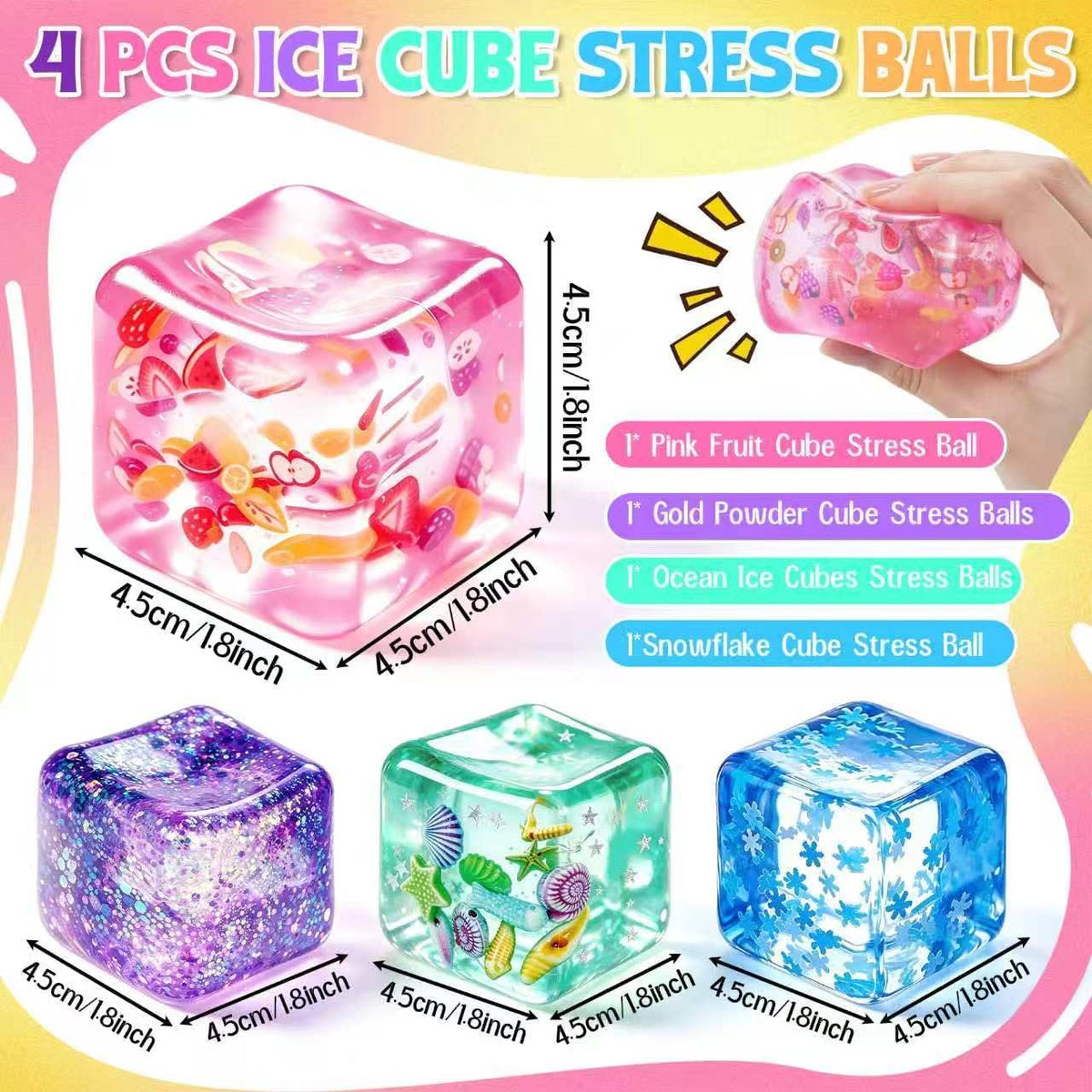 4Pcs Cube Stress Balls, Cube Fidget Toys Adults for Kids, Glitter Filled Sensory Toys, Ocean Fruit Snow Flake Squeeze Toys, Slow Rise Squishies Stress Balls for Party, Festival, Birthday Toy Gift
