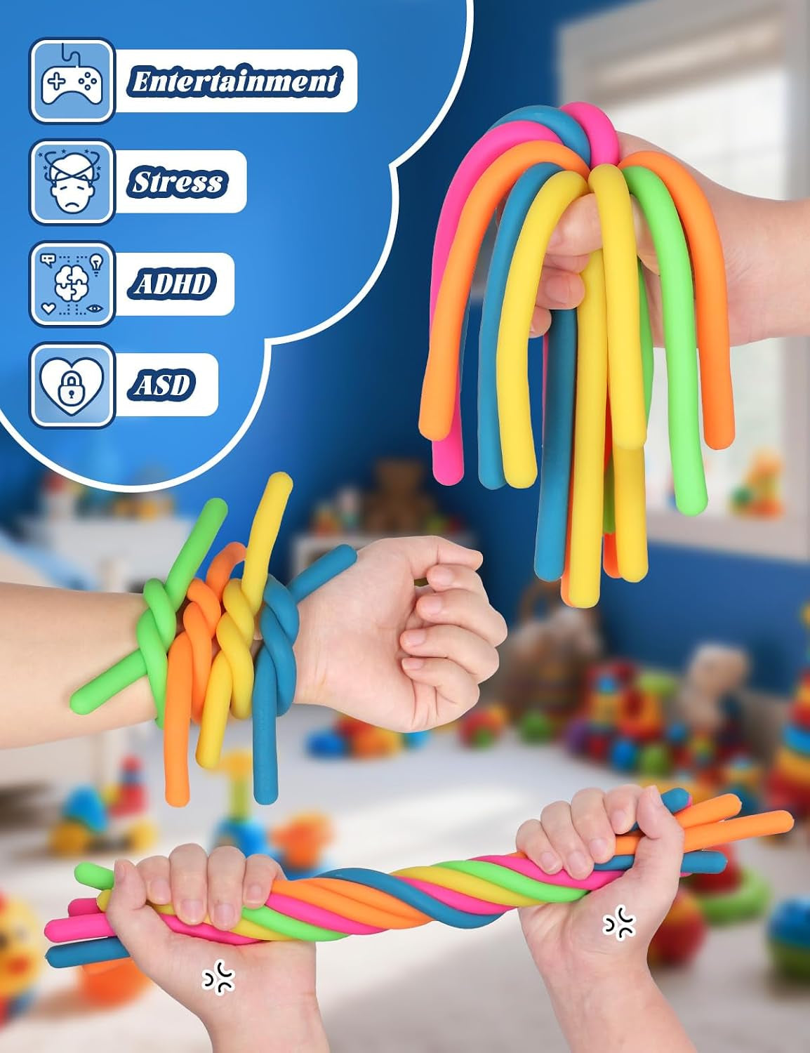 10 Pack Sensory Autism Toys for Kids – Gift Box Upgraded Extra-Thick Stretchy Sensory Strings for School Classroom Rewards Back to School Birthday Party Favors (Smooth)