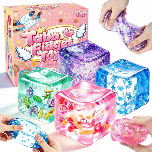 4Pcs Cube Stress Balls, Cube Fidget Toys Adults for Kids, Glitter Filled Sensory Toys, Ocean Fruit Snow Flake Squeeze Toys, Slow Rise Squishies Stress Balls for Party, Festival, Birthday Toy Gift
