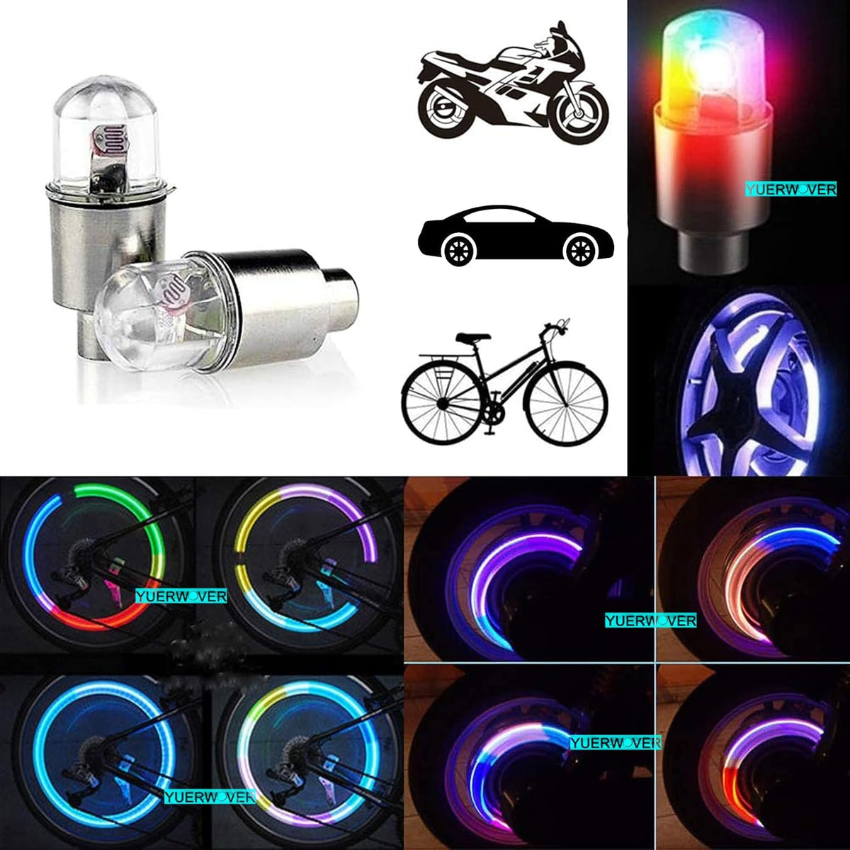 4/8 LED Bike Wheel Lights Car Tire Valve Stems Caps Bicycle Motorcycle Waterproof Tyre Spoke Flash Lights Cool Reflector Accessories for Kids Men Women with 10 Extra Batteries